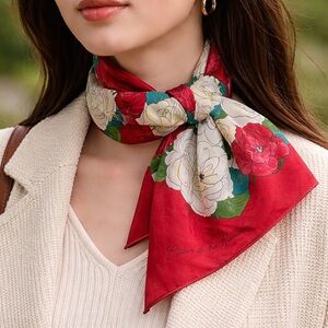 Oscar de la Renta Signed Silk Square Floral Scarf Red 30x29